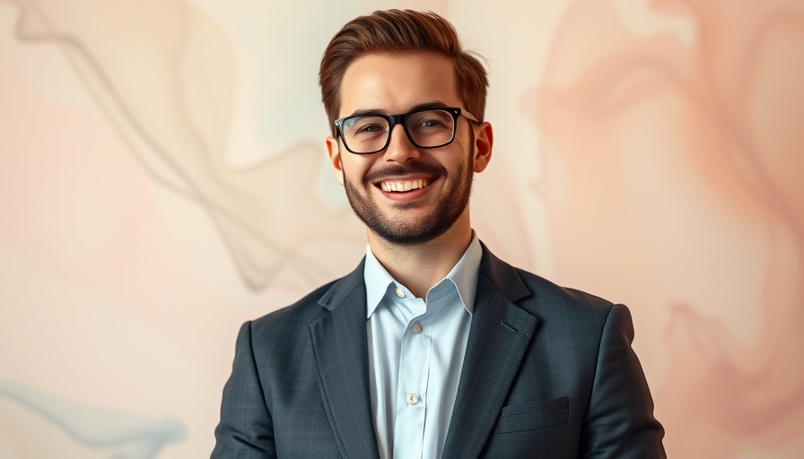 Confident man in suit with glasses on abstract background.