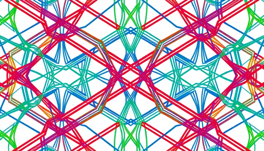 Abstract geometric pattern with interwoven lines in blue, red, and green, representing Africa Global Sports and Economy.