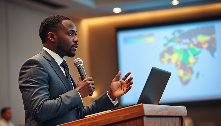 African fintech speaker at a conference podium with a microphone