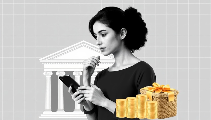 Conceptual collage of classical bank, woman with smartphone and card - rethinking what banks are for.