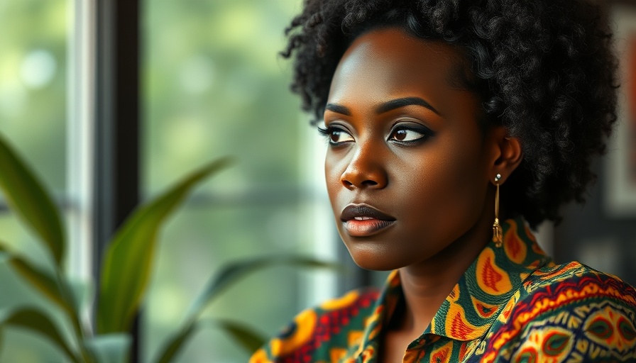 Elegant African woman in vibrant blouse, thoughtful expression.