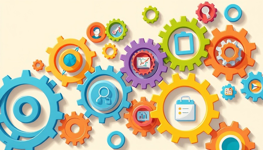 Colorful gears with business icons on a light background symbolizing cryptocurrency trading.