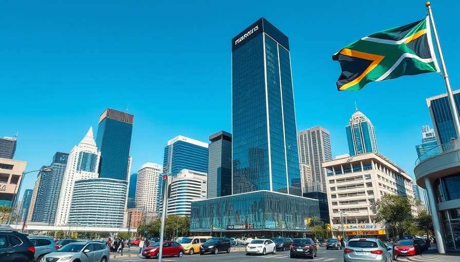 Fintech Africa: modern cityscape with skyscrapers and South African flag.