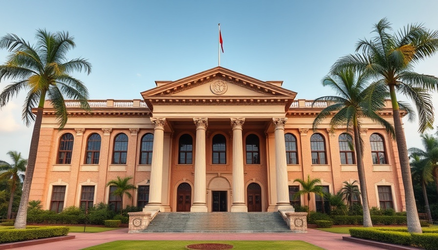 Supreme Court of Kenya building, brown facade, palm trees, internet shutdowns Kenya context.