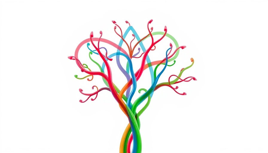 Stylized abstract tree design, interwoven colorful lines