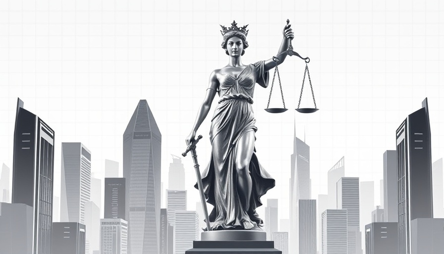 AI in Africa concept with Lady Justice statue over cityscape.