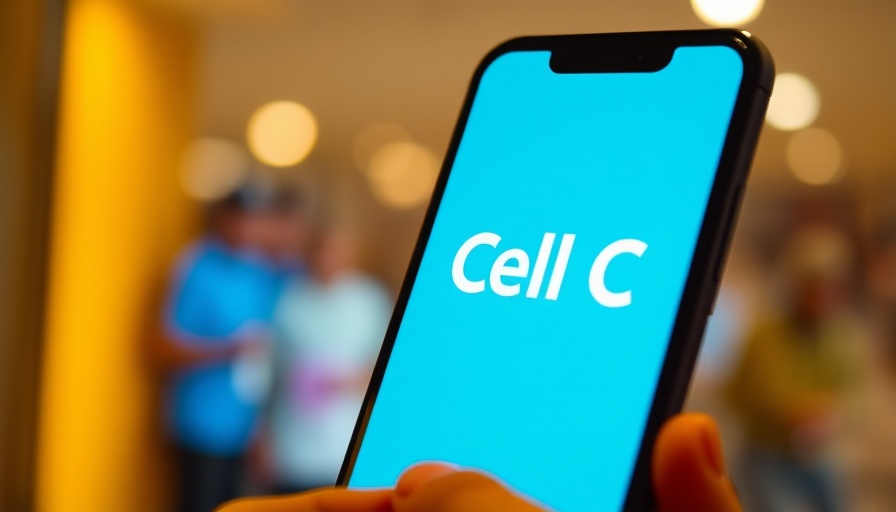Close-up of smartphone with Cell C logo, warm indoor setting.