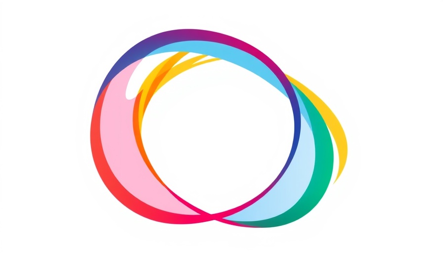 Abstract logo with interwoven colorful lines forming an arch.