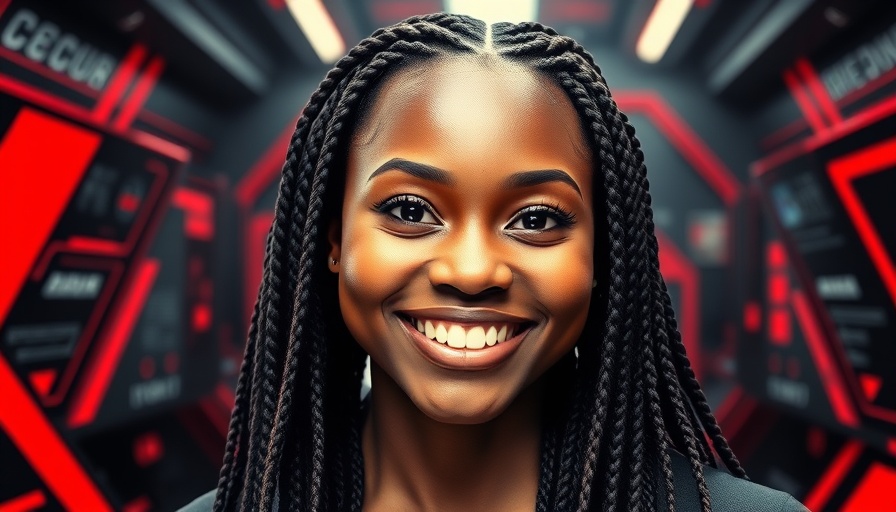 Stylized portrait of a woman in tech with a red geometric background.