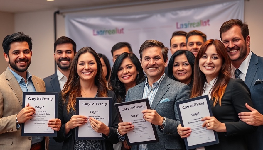 People in formal wear at an award event, smiling with awards.