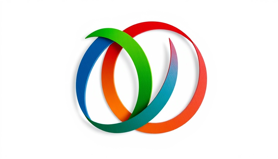 Stylized abstract icon in green, blue, and red bands.
