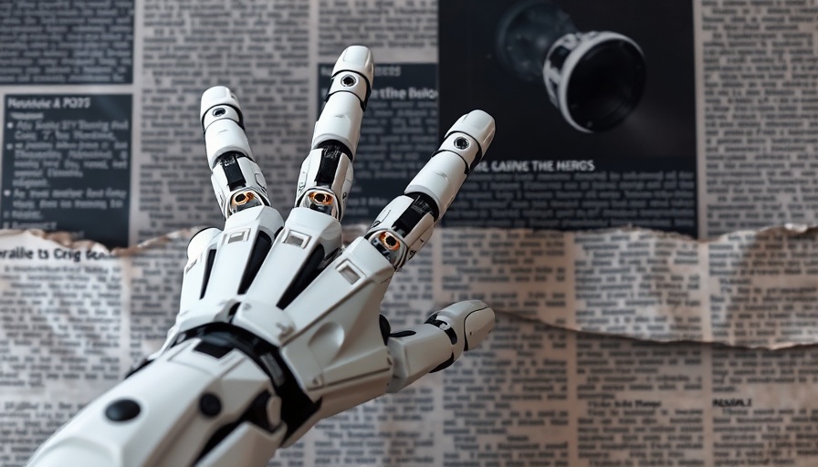 Futuristic robotic hand reaching out against newspaper text, AI in Africa.