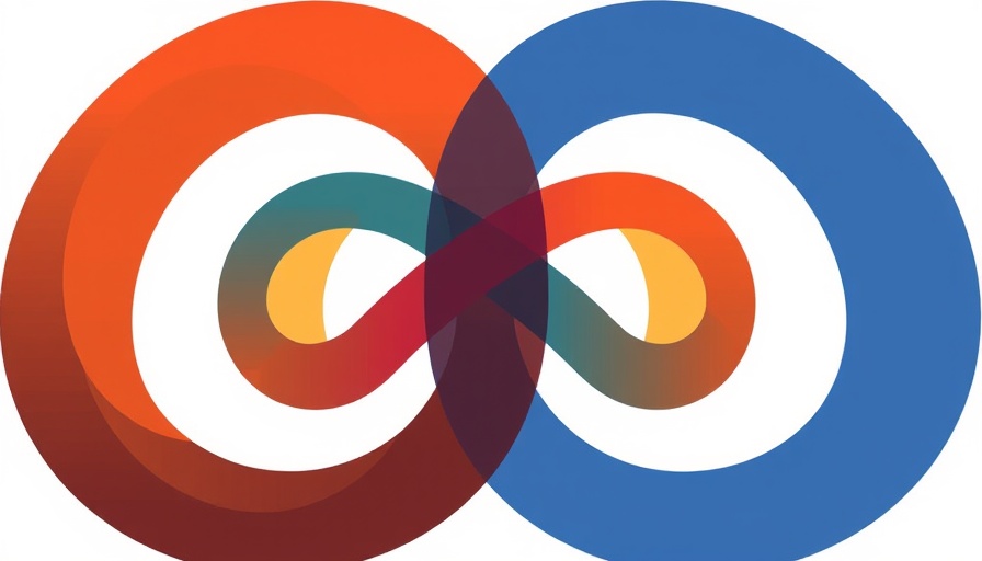 Abstract logo with interwoven arcs in blue, red, green.