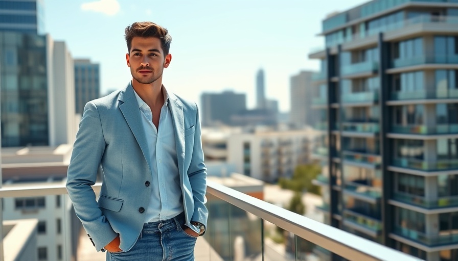 Young man in blazer on balcony with city view, AI in Africa.