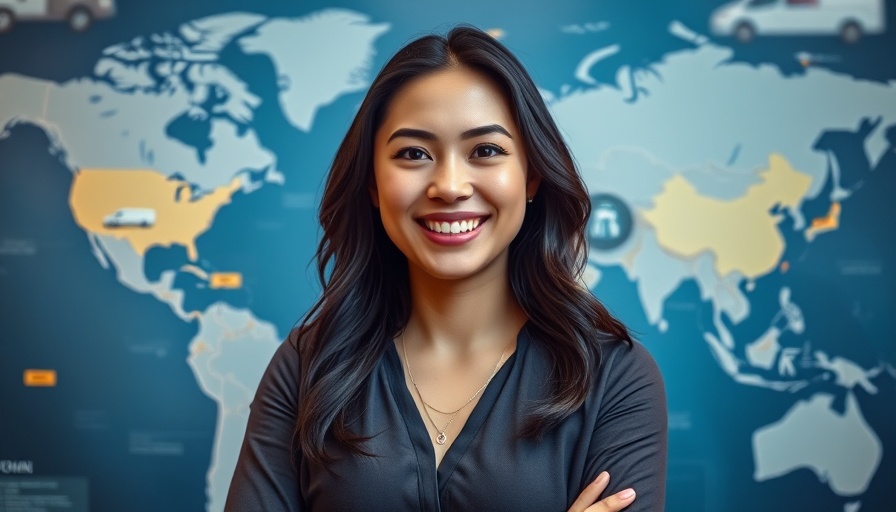 Confident woman in fintech Africa smiling against a map backdrop.
