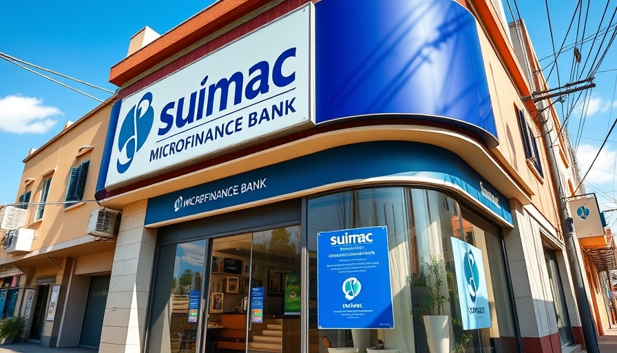 Sumac Microfinance Bank building with logo and signs, sunny day.