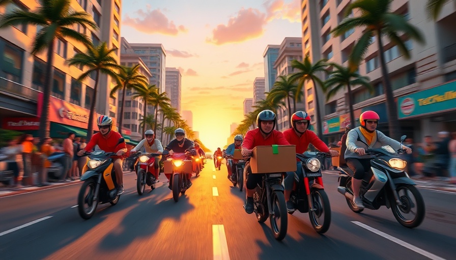 Fastest food delivery app Lagos scene with diverse delivery riders in vibrant cartoon style.