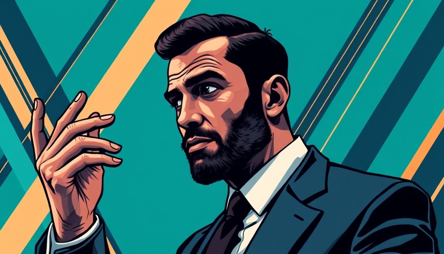 Stylized illustration of a man in formal wear against a teal geometric background.