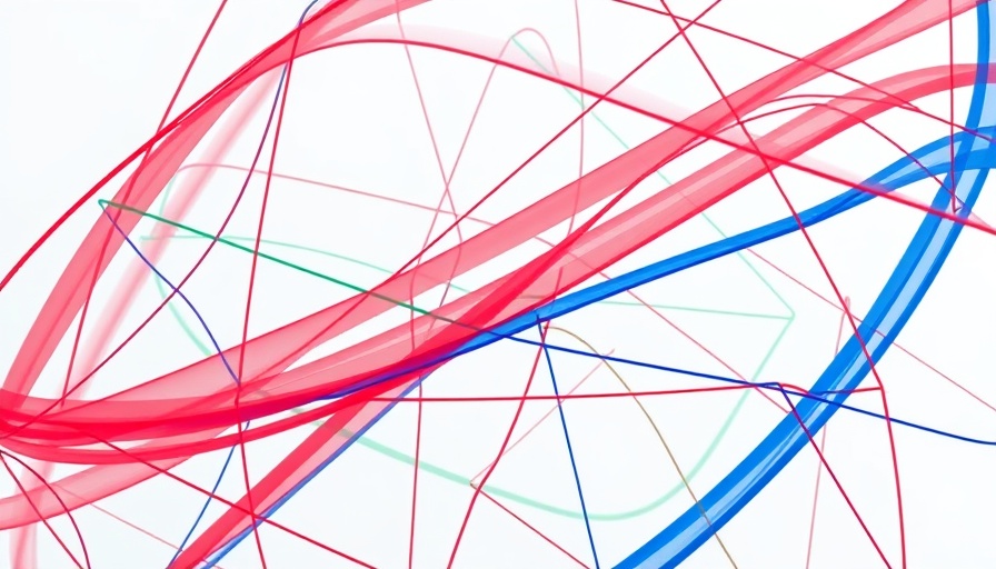 Abstract design with colorful interwoven lines depicting a network.