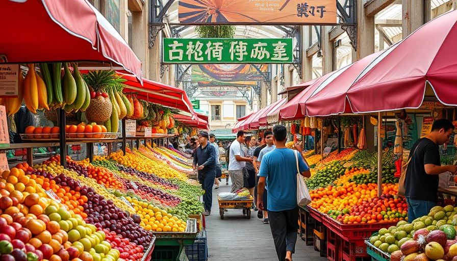 Vibrant market scene depicting high prices; vendors with fresh produce.