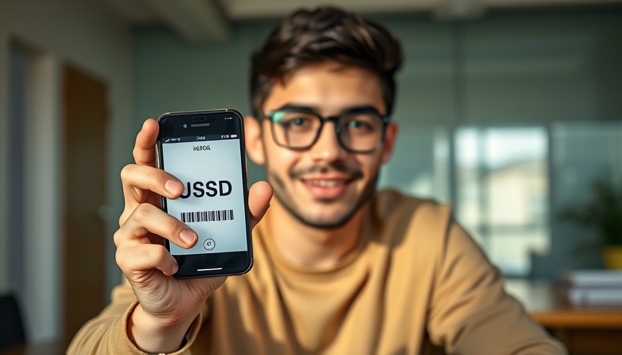 Young man using smartphone with USSD code displayed, focused.
