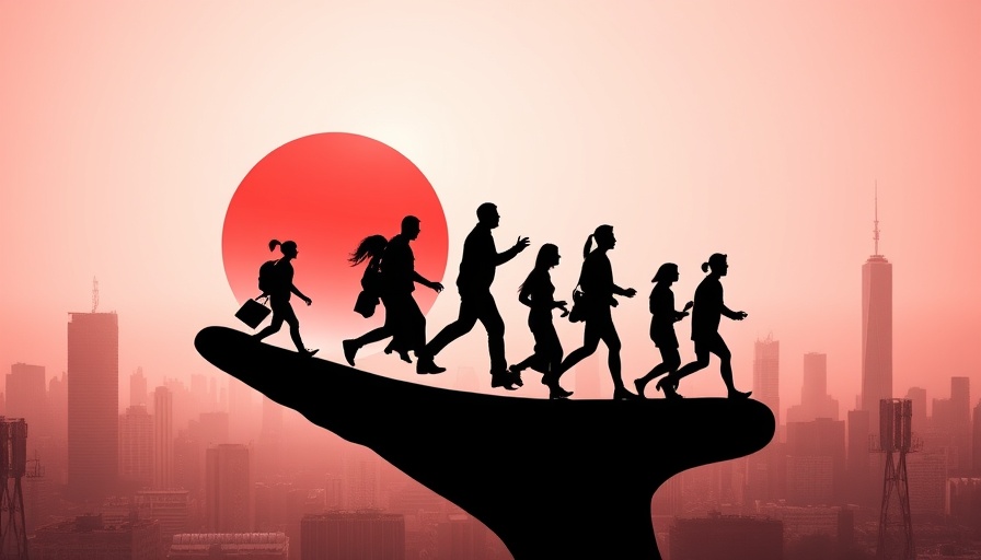 African startups people walking on a hand against city backdrop, red sun.