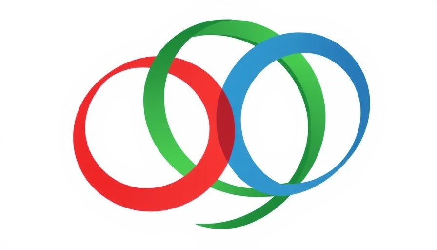 Abstract logo with interwoven blue, green, red arcs on white