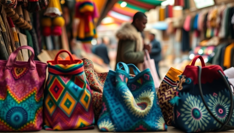 Colorful African market bags with shopper blurred in background.