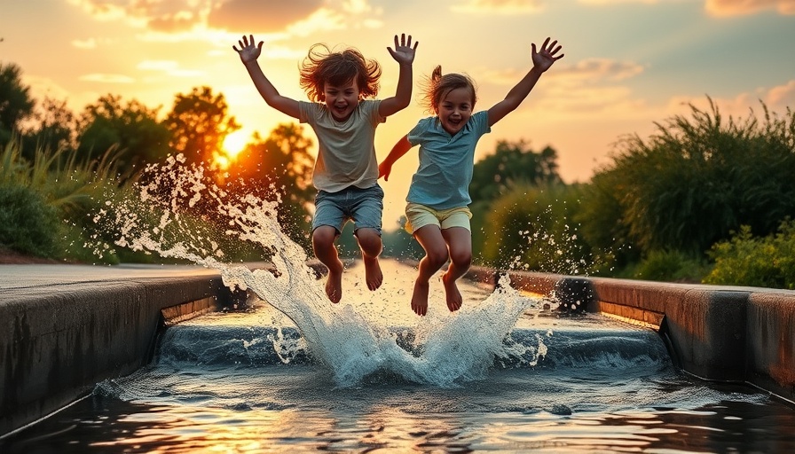 Children jumping over canal in lush setting, Asia Climate Crisis Impact on Africa.