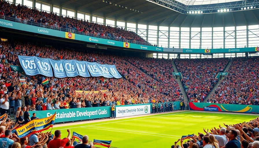 Football crowd supporting sustainable development goals with banners.