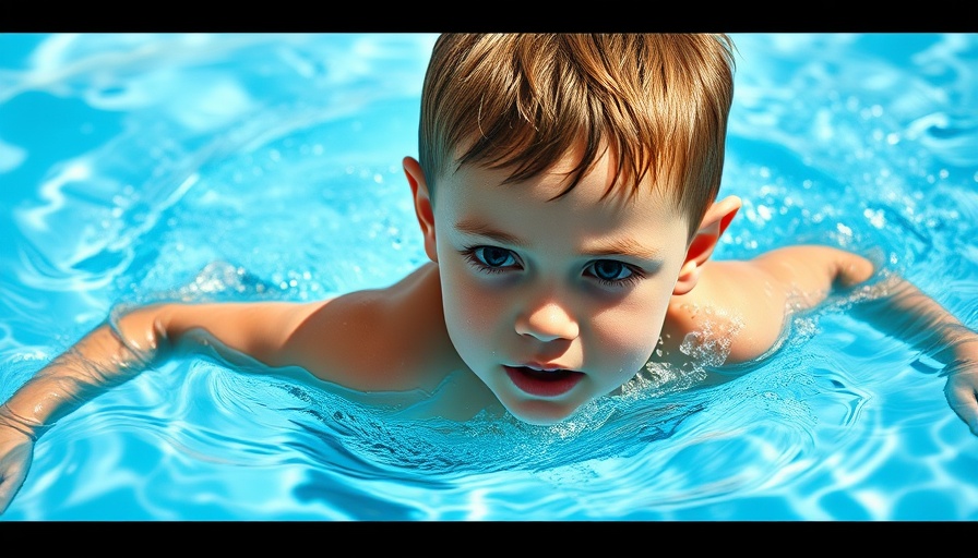Child swimming in clear water with a focused expression.