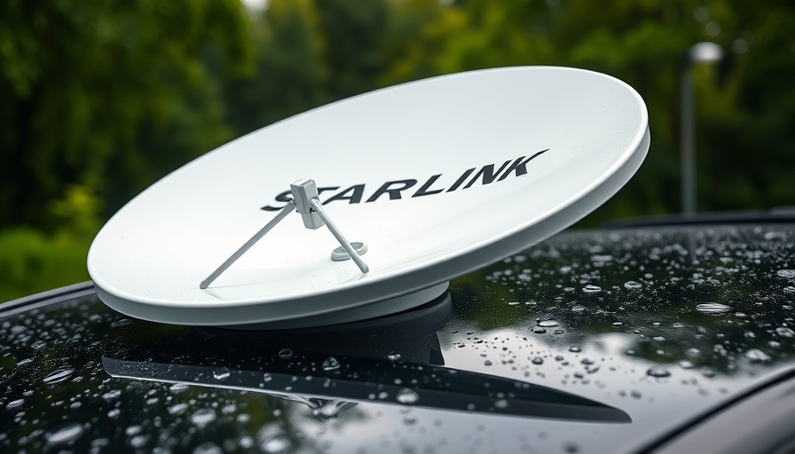 Starlink dish on car with raindrops in Zimbabwe forest.