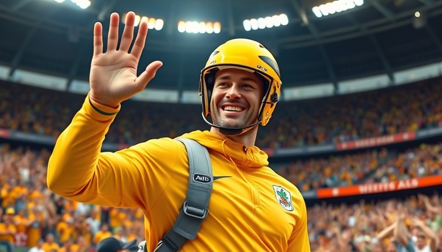 Athlete in yellow attire waving at a stadium event