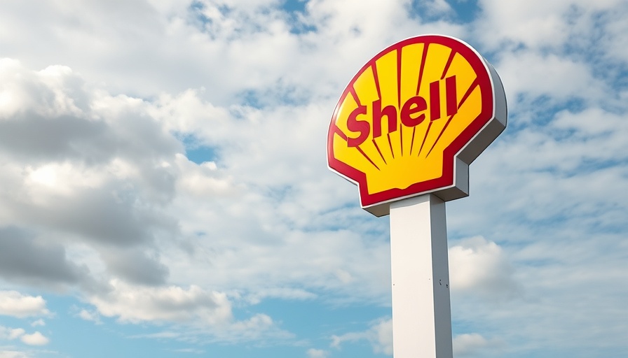 Shell logo with focus on its corporate impact against a cloudy sky.