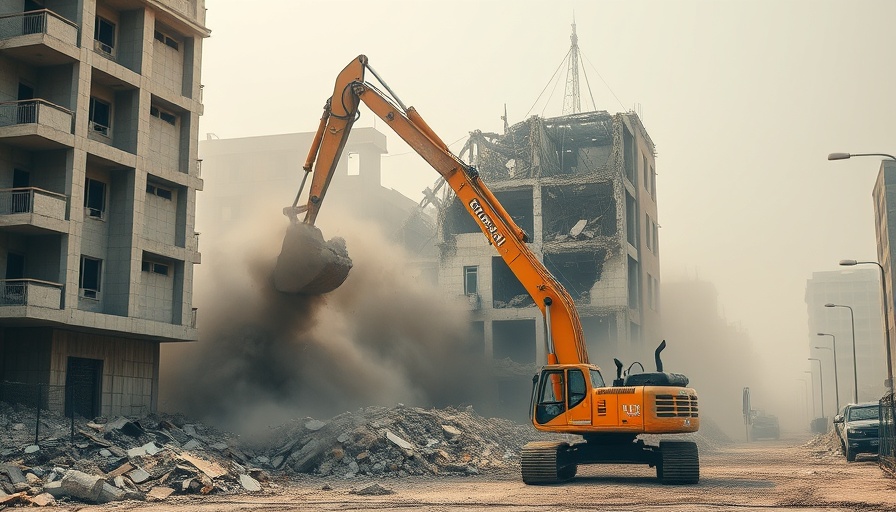 Excavator demolishing building amid rubble; Egypt condemns Israeli aggression against Iran.