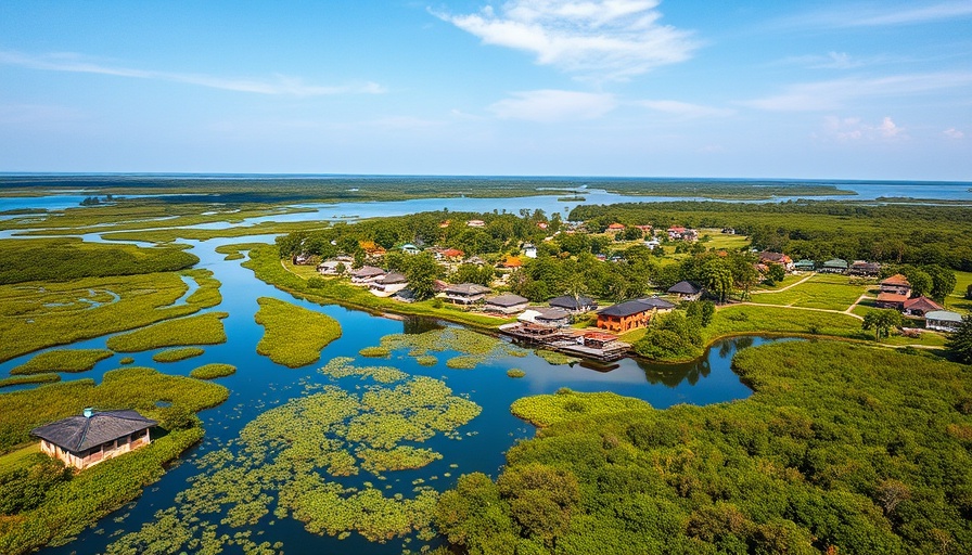 Aerial view of coastal village in the Philippines with fish ponds.