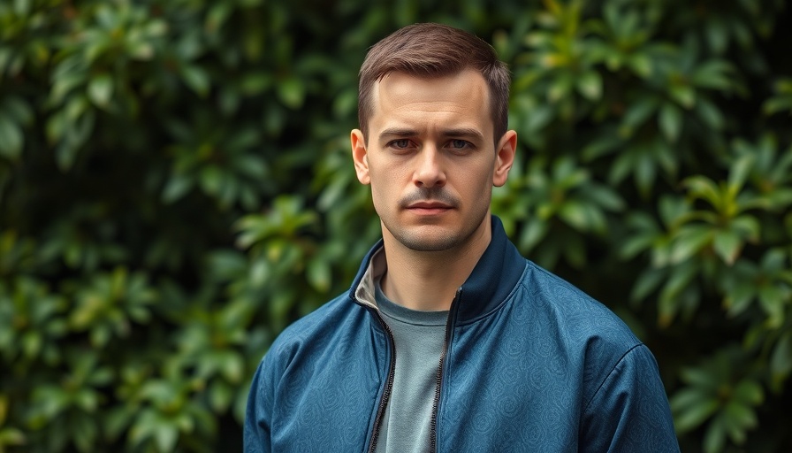 AI in Africa: Man in blue jacket standing against lush green background.