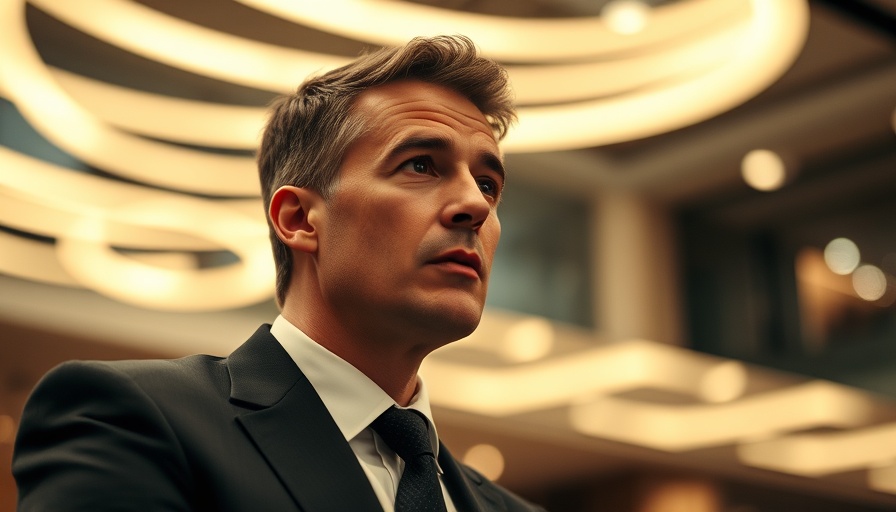 Man in a suit speaking at conference, thoughtful expression.