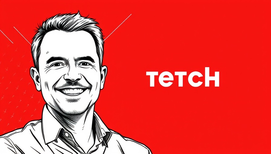 Monochrome sketch of smiling man with tech branding.