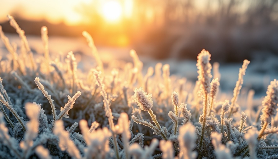 Chile and Argentina cold wave weather impact, frost-covered grass at sunrise.