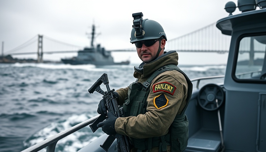 Armed soldier patrols sea during Brazil BRICS Summit security operation.