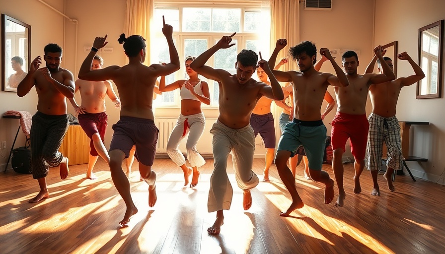 Group practicing capoeira in therapy for Parkinson's disease, indoor class.