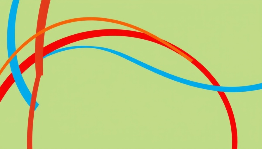 Abstract graphic of interconnected green, red, blue arcs.