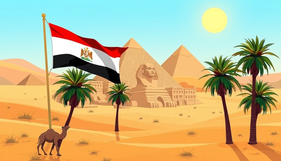 Illustration depicting Egyptian pyramids with flag, camels, Sphinx, and desert landscape, representing international payment services in Egypt.