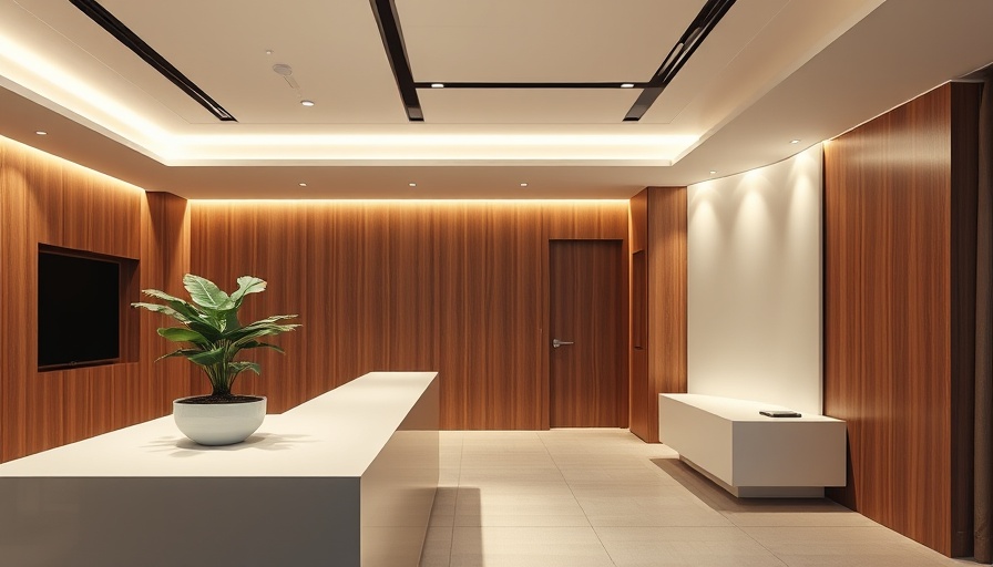 Modern office reception with wooden panels and a decorative plant.
