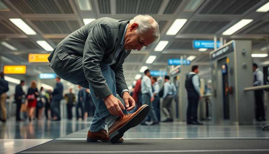 Man removing shoes at airport security checkpoint.