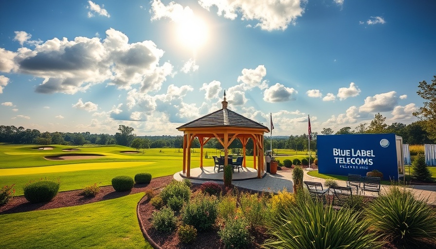 Outdoor scene with Blue Label Telecoms branding at a golf event.