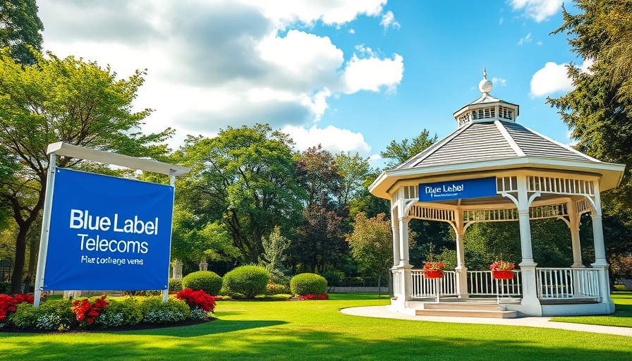 Blue Label Telecoms event setup with gazebo and banners in a park.