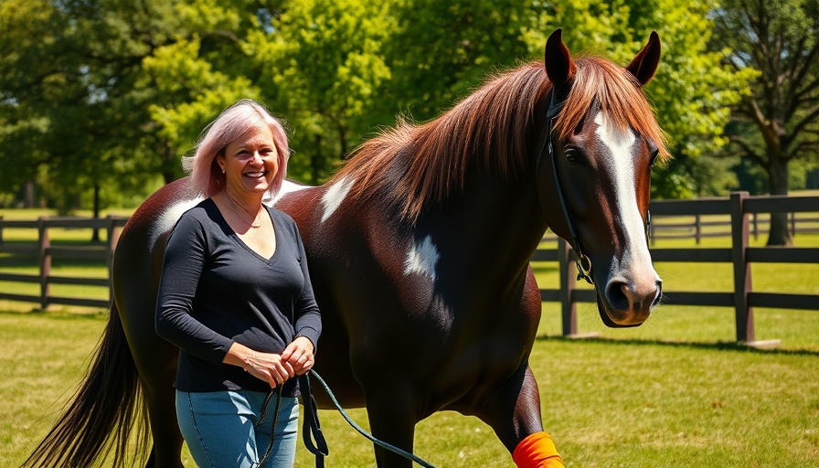 Mature woman leads horse in sunny paddock for World Horse Day Africa