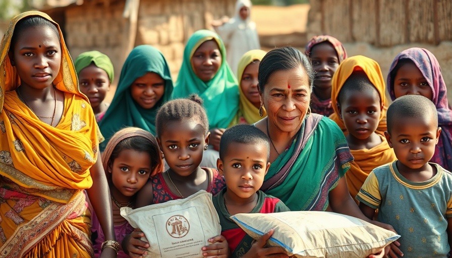 Women and children receiving aid supplies outdoors